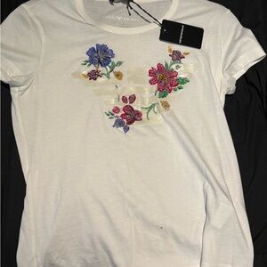 Emporio Armani White Tee with Colorful Floral Embroidery